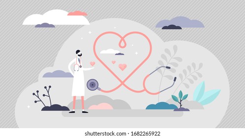 Health Care Vector Illustration. Symbolic Cardiology Tiny Persons Concept. Treatment And Healing With Professional Doctor With Abstract Stethoscope In Heart Shape. Organ Healthcare System For Disease.