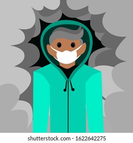 Health care vector illustration,image of a person wearing a cape,wearing a protective mask against smoke and dust around him