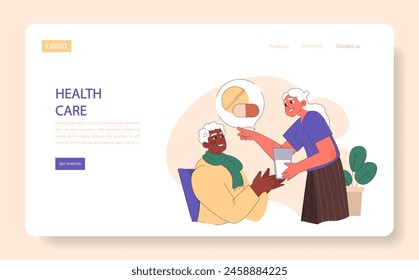Health Care web or landing. Elderly woman assisting partner with medication, a tender moment in senior health management. Flat vector illustration