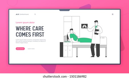 Health Care Website Landing Page. Man Lying in Pulmonology Department Chamber in Hospital. Doctor Watching on X-rays Image of Lungs during Appointment Web Page Banner. Cartoon Flat Vector Illustration