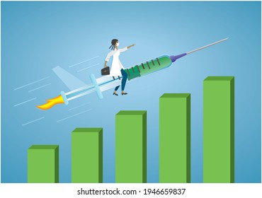 Health care woman flying on syringe. Increasing numbers of vaccinations or successful business. Vector illustration.