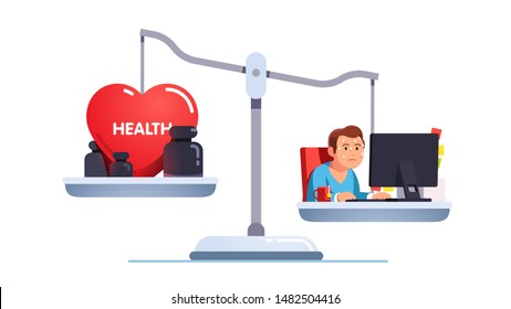 Health care and work conflict of interest, imbalance comparison concept. Healthy heart and tired exhausted stressed worker do job at business office pc desk on scales. Flat vector character illustration