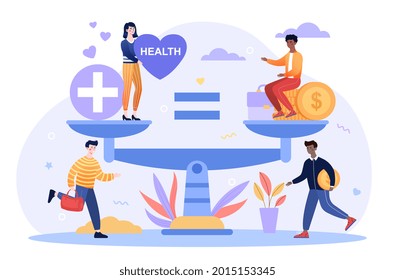 Health care and work conflict of interest, imbalance comparison. Healthy heart and tired exhausted stressed worker with stack of gold coins. Flat vector character illustration