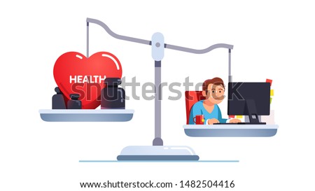 Health care and work conflict of interest, imbalance comparison concept. Healthy heart and tired exhausted stressed worker do job at business office pc desk on scales. Flat vector character illustration