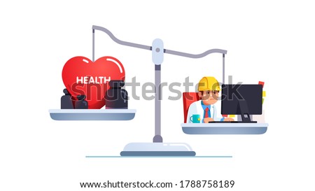 Health care and work conflict of interest, imbalance comparison concept. Healthy heart & tired exhausted stressed worker do job at office pc desk on scales. Flat vector character illustration
