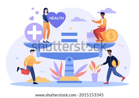 Health care and work conflict of interest, imbalance comparison. Healthy heart and tired exhausted stressed worker with stack of gold coins. Flat vector character illustration