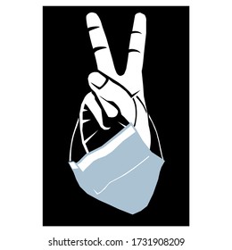 Health Care worker giving the V-Sign for victory over the virus while holding a face mask