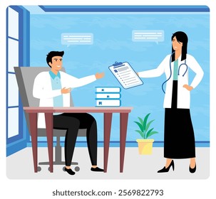 Health care workers in hospitals exchange and review medical documents, encouraging teamwork, communication, and efficiency in medical practice. Flat vector modern illustration 