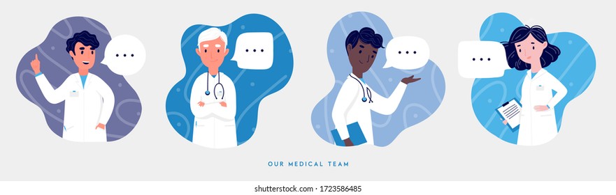 Health care workers team concept. Man and woman doctors characters standing, full body. Doctors in masks. Flat cartoon style vector illustration for card, online site, banner ad and more 