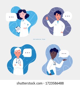 Health Care Workers Team Concept. Man And Woman Doctors Characters Standing, Full Body. Doctors In Masks. Flat Cartoon Style Vector Illustration For Card, Online Site, Banner Ad And More 