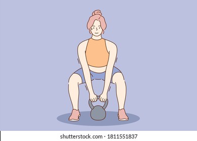 Health, care, workout, sport, fitness concept. Young happy smiling strong woman girl athlete cartoon character doing exercises with kettle bell. Weightlifting cross fit and healthy active lifestyle.