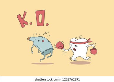 Health cartoon tooth boxing with alcohol. Dental care concept.