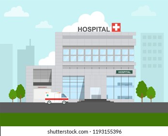 Health center, hospital building. Ambulance vector illustration