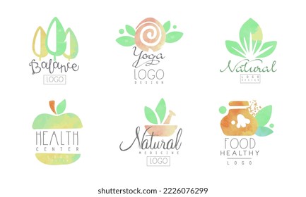 Health center labels set. Healthy food, natural medicine, yoga badges vector illustration