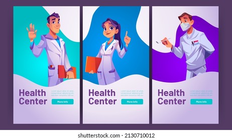 Health Center Medical Ads Web Banners, Online Consultation Service. Doctor Waving Hand Invite In Hospital Medicine Online Clinic Appointment, Cartoon Background, Vector Mobile App Onboard Screen Pages