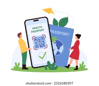 Certificado sanitário com código QR e passaporte para viagens internacionais. Pessoas minúsculas segurando smartphone com varredura médica e marca de verificação na tela, cartão de embarque eletrônico cartoon ilustração vetorial