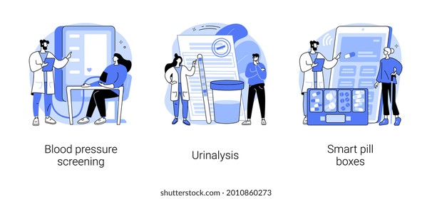 Health Check Up Abstract Concept Vector Illustration Set. Blood Pressure Screening, Urinalysis Result, Smart Pill Boxes, Laboratory Testing, Pharmacy Screening, Medication Schedule Abstract Metaphor.