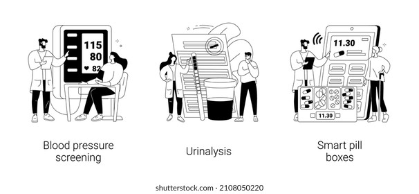 Revisión de estado conjunto de ilustraciones vectoriales de concepto abstracto. Análisis de presión sanguínea, resultados de análisis de orina, cajas de píldoras inteligentes, pruebas de laboratorio, análisis de farmacia, calendario de medicamentos metáforas abstractas.