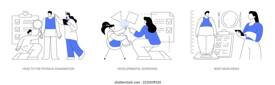 Health Check Up Abstract Concept Vector Illustration Set. Head To Toe Physical Examination, Developmental Screening, Body Mass Index, Health Issue Diagnostics, Weight Loss Program Abstract Metaphor.