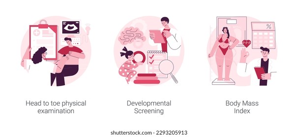 Health check up abstract concept vector illustration set. Head to toe physical examination, developmental screening, body mass index, health issue diagnostics, weight loss program abstract metaphor.