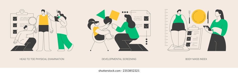 Health check up abstract concept vector illustration set. Head to toe physical examination, developmental screening, body mass index, health issue diagnostics, weight loss program abstract metaphor.