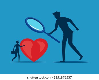 Health check. Businessman boss uses a magnifying glass to examine the heart