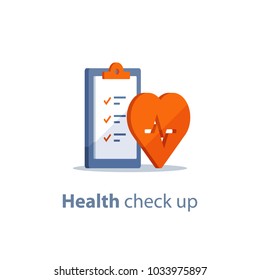 Health Check Up Checklist, Cardiovascular Disease Prevention Test, Heart Diagnostic, Electrocardiography Service, Undergo Ecg Procedure, Medical Checkup Clipboard, Hypertension Risk, Vector Flat Icon