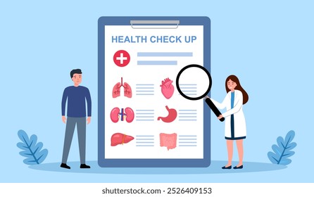 Health Check-up-Konzept. Arzt untersucht innere Organe des Patienten. Bericht prüfen. Diagnose und Erkennung von Krankheiten.