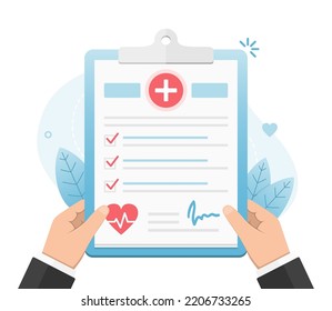 Health check up concept, hands holding clipboard with check boxes for medical survey, vector eps10 illustration