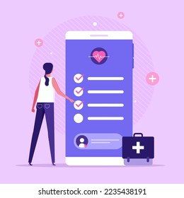Health check up concept. Patient examining or checking her health online. Concept of healthcare, health insurance, medical report. Vector illustration