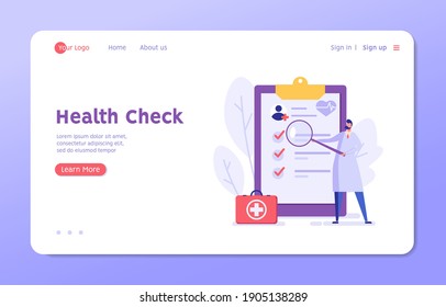 Health Check Up Concept Web Banner. Medical Doctor Examining or Checking Patient. Concept of Healthcare, Health Insurance, Medical Report. Vector illustration for Web Design