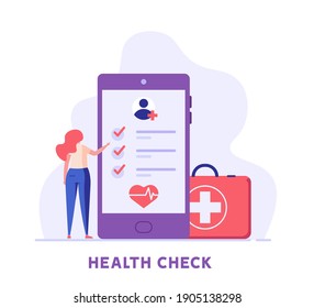 Health Check Up Concept Web Banner. Medical Doctor Examining or Checking Patient. Concept of Healthcare, Health Insurance, Medical Report. Vector illustration for Web Design