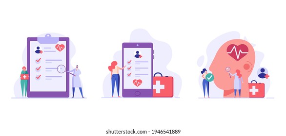 Health Check Up Concept Web Banner. Medical Doctor Examining or Checking Patient. Concept of Healthcare, Health Insurance, Medical Report. Vector illustration for Web Design