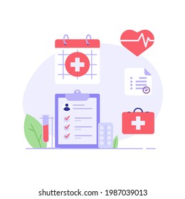 Health Check Up Concept Web Banner. Medical Doctor Examining or Checking Patient. Concept of Healthcare, Health Insurance, Medical Report. Vector illustration for Web Design