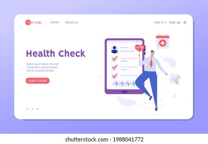 Health Check Up Concept Web Banner. Patient Examining or Checking his Health Online. Concept of Healthcare, Health Insurance, Medical Report. Vector illustration for Web Design