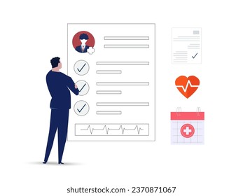 Health Check Up Concept Web Banner. Patient Examining or Checking her Health Online. Concept of Healthcare, Health Insurance, Medical Report. Vector illustration for Web Design
