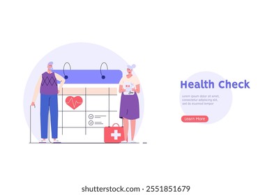 Health Check Up Concept Web Banner. Medical Doctor Examining Senior Patient. Set of Health Old People, Health Calendar, Medical Report and Insurance. Vector illustration for Web Design