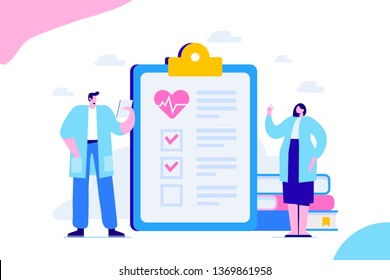 Health Check Up Flat Vector Illustration Concept. Health Care. Male And Female Doctors Holding Medical Form.