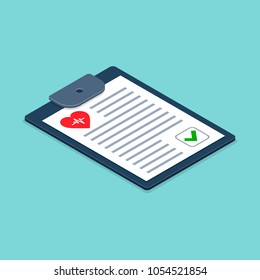 Health check form on clipboard. Vector Medical Checklist illustration isometric 3d health checkup healthcare concept.