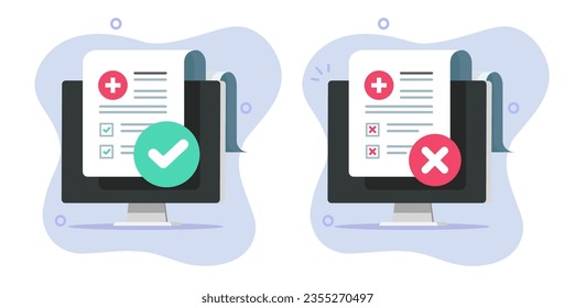 Health check up medical exam fail icon vector graphic, virtual digital diagnosis test on computer pc service, treatment online insurance from document report, clinic illness disease results image