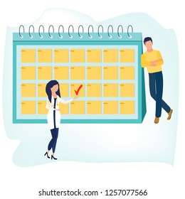 Health Check Up. Medical Services. Woman Doctor And Man Standing Near Big Healthcare Calendar. Annual Medical Exam. Vector Illustration In A Flat Cartoon Style.