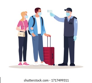 Health check upon arrival semi flat RGB color vector illustration. Security guard check passengers temperature. Virus outbreak. Airport terminal isolated cartoon characters on white background