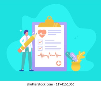 health check up vector illustration concept, doctor holding pencil and form, can use for, landing page, template, ui, web, mobile app, poster, banner, flyer