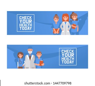 Health check up vector illustration concept, doctors holding form. Health care medical clinic banner on blue background. For landing page, template, and mobile app, flyer