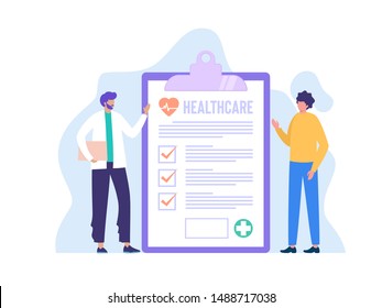 health check up vector illustration concept, flat character doctor showing medical check up form to patient, can use for, landing page, template, ui, web, mobile app, poster, banner, flyer