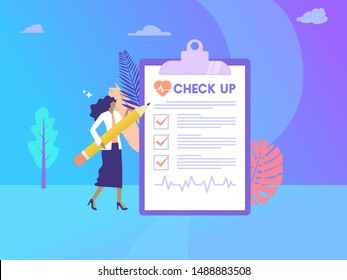 health check up vector illustration concept, flat character doctor showing medical check up form and holding a pencil, can use for, landing page, template, ui, web, mobile app, poster, banner, flyer