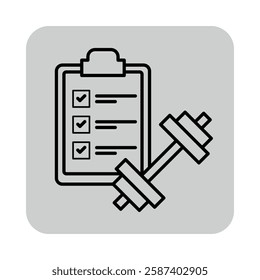 Health checklist and weight lifting icon of fitness tracking. Clipboard with checkboxes, symbolizing goal setting and progress in physical activity