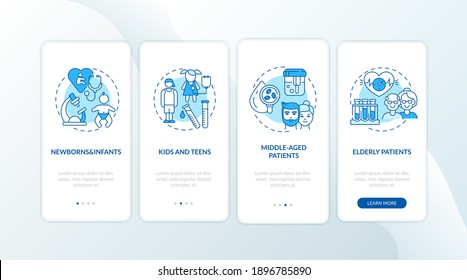 Health checkup age groups onboarding mobile app page screen with concepts. Newborns, kids, adults walkthrough 4 steps graphic instructions. UI vector template with RGB color illustrations