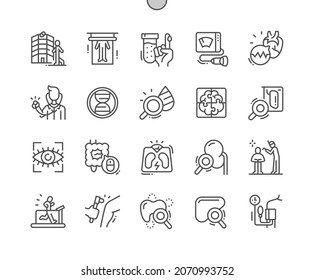 Health Checkup. Body Scan, Blood Test, Ultrasound And Cardiogram. Weight Correction. Mental Health. Pixel Perfect Vector Thin Line Icons. Simple Minimal Pictogram