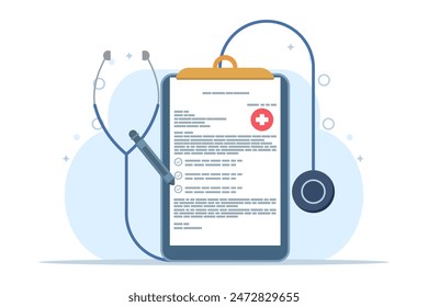 Health checkup concept, clipboard with stethoscope, health checkup form report, medical record, health checkup metaphor concept. simple and modern style. flat vector illustration on background.